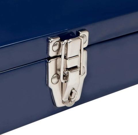 Kickbutt 16 Inch Hip Roof Portable Steel Tool Box With Heavy Duty Metal Latch And Scratch Resistant Powder Coated Blue Finish Built For The Weekend Warrior Ready To Stow Your Favorite Grease Monkey Gear Without The Sweat