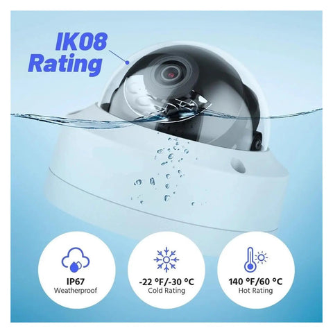 Badass 12MP POE Security Camera Kit With Smart Dual Light Setup showing IK08 rated waterproof dome camera with IP67 weatherproof design.