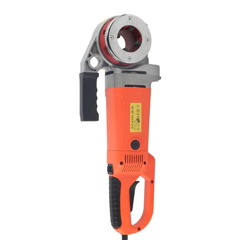 Portable Electric Pipe Threader Kit With Six Top Tier Dies Handheld Threading Machine, red and silver tool for pipe threading.