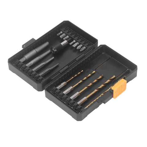 Essential Screw Extractor Set For Broken Bolt Removal With Hex Shank Twist Drills And Screwdriver Bits Including Spiral Tool Kit In Storage Box Perfect For Tough Garage Home Repairs open case with vanadium steel extractors and drill bits