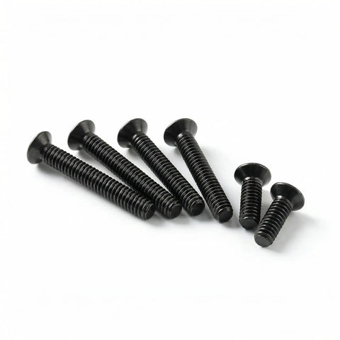 Rock Solid Flat Head Machine Screws M2.5 X 6Mm 50 Pack Black Oxide 304 Stainless Steel showing varied lengths and flush heads.