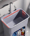 Heavy Duty Freestanding Slop Sink With Built In Storage Shelf For Kitchen Workshop Laundry And Garage Durable PP Material Holds Up To 200kg One Button Drain Black 60x40x76.5cm with faucet and storage