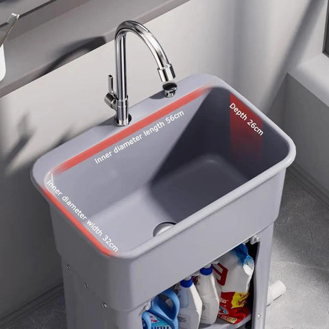 Heavy Duty Freestanding Slop Sink With Built In Storage Shelf For Kitchen Workshop Laundry And Garage Durable PP Material Holds Up To 200kg One Button Drain Black 60x40x76.5cm with faucet and storage