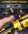 Close-up of Cordless 3/8 Inch Ratchet Wrench For Dewalt 20V Battery highlighting variable speed trigger and lock switch.