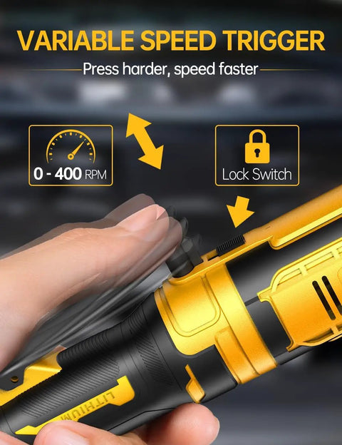 Close-up of Cordless 3/8 Inch Ratchet Wrench For Dewalt 20V Battery highlighting variable speed trigger and lock switch.