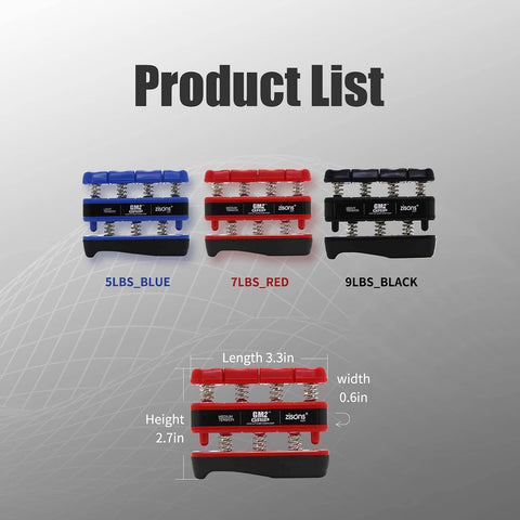 Product list showing red, blue, black hand grip exercisers with different spring tensions, including Red Hand Grip Exerciser For Finger Strength And Grip Training With 7 Pound Spring Portable Gripper Great For Hand Rehab Stress Relief And Everyday Squeeze Workouts At Home.