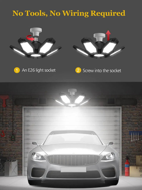 2 Pack LED Garage Light 120W Deformable 6 Plus 1 Panels 6500K Ceiling Shop Light E26 Base installed above garage car