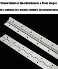 Two 18-inch stainless steel continuous and piano hinges, polished finish, 0.04 in leaf thickness, 1.2 in open width