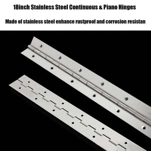 Two 18-inch stainless steel continuous and piano hinges, polished finish, 0.04 in leaf thickness, 1.2 in open width