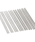 Angled view of 18 stainless steel solid round lathe rods, 2.5–8 mm diameter, 100 mm long.
