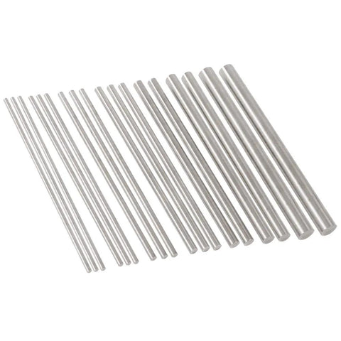 Angled view of 18 stainless steel solid round lathe rods, 2.5–8 mm diameter, 100 mm long.