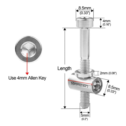 Diagram of Ultra Light Titanium M5x40mm Bolt Nut Washer Set for Easton EC90 EC70 with measurements highlighted and Allen key instruction.