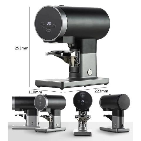 Heavy Duty 58mm Automatic Coffee Tamper With Adjustable Portafilter Bracket And Snappy Digital Touch Control showing dimensions and features.