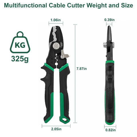 8-Inch Cable Cutters Wire Stripping Tool For Electricians All-In-One Multi-Tool With Cutting Stripping Crimping And Twisting Capabilities Built Tough In Durable CR-V Steel For Heavy-Duty Wiring, 325g size chart front and side views