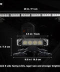 Dimensions of Rooftop Safety Flashing Light Bar With 56 LED Amber White Beacons For Construction Vehicles, front and side view shown