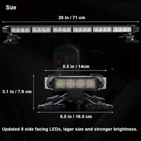 Dimensions of Rooftop Safety Flashing Light Bar With 56 LED Amber White Beacons For Construction Vehicles, front and side view shown