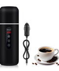 On The Go 12V/24V Car Travel Kettle With 420ml Capacity, Magnetic Stirring, shown with power cord and cup of coffee.