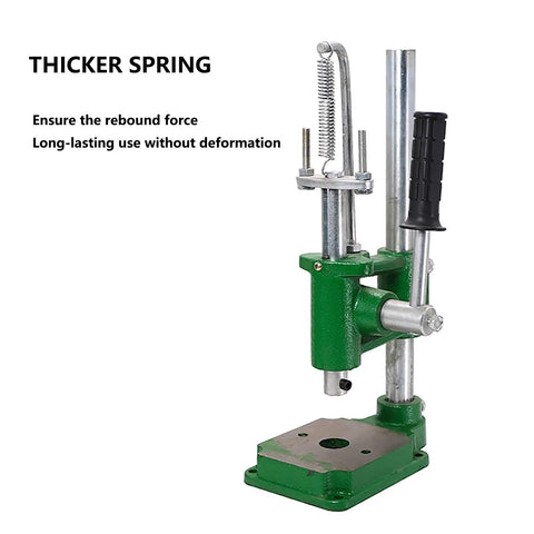 Heavy Duty Arbor Press With 700 Lbs Capacity And No Sweat Spring Action features a thick spring and robust green cast iron base.