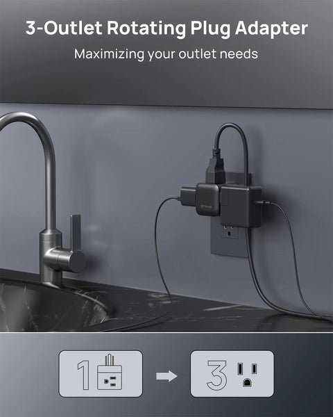 Three Outlet Power Extender With Two USB Chargers For Travel And Home Office, mounted on kitchen wall near sink.