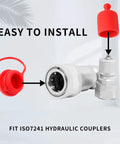1/2 Inch ISO5675 Hydraulic Dust Cap And Plug Set, Red Rubber Male Cap And Female Plug Covers, shown with hydraulic coupler