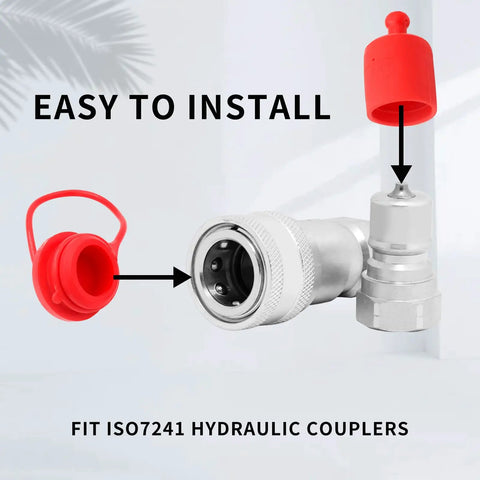 1/2 Inch ISO5675 Hydraulic Dust Cap And Plug Set, Red Rubber Male Cap And Female Plug Covers, shown with hydraulic coupler