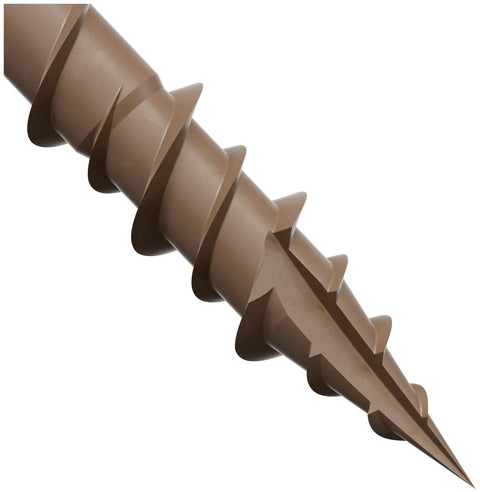 Close-up of the Fast-Start Tip and threads of DSVT2S Deck-Drive Wood Screw Collated 10 X 2 In Torx T25 Tan with Quik Guard Coating