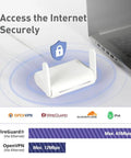 Opal Portable WiFi Travel Router With OpenWrt AC1200 Dual Band VPN Ready Mini Wireless Repeater placed next to laptop