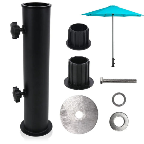 Universal Outdoor Umbrella Stand Heavy Duty Steel Tube Holder For Cement And Granite Boards DIY Tabletop Base parts displayed.