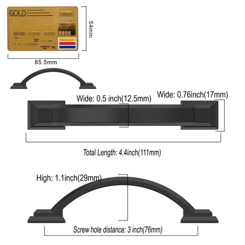 Diagram of 10 Pack Matte Black Cabinet Pulls, 3 Inch 76mm Hole Centers, Arch Style Handles For Kitchen Cabinets, Bathrooms, ZH0016
