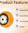 Heavy Duty 4 Inch Caster Wheels 4 Pack Industrial Rollers close-up, orange PVC wheel showcasing features like smooth rolling and wear resistance.