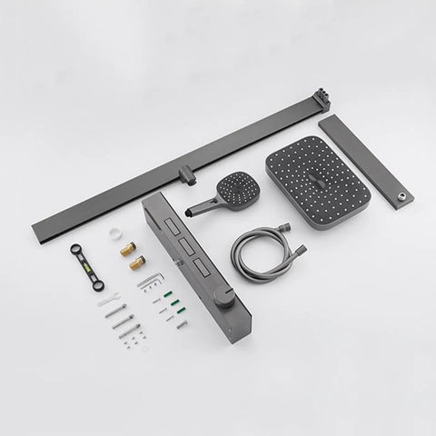 Exposed Shower Faucet System Piano Key Diverter Control White components laid out, including shower head, diverter, and installation parts.