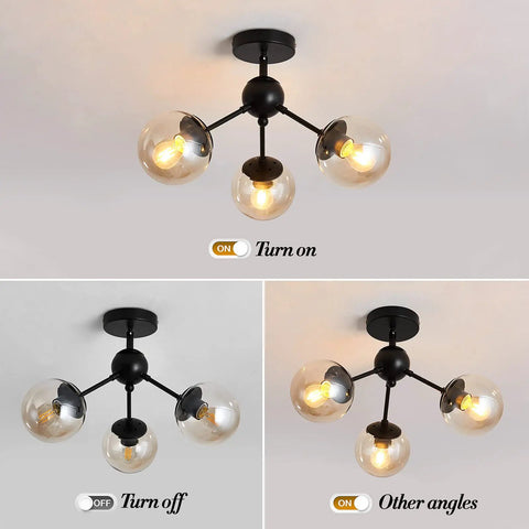 Three Light Glass Globe Chandelier Matte Black Nordic Style Semi Flush Mount Ceiling Fixture shown lit and unlit