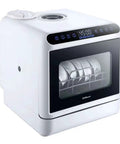 Portable Countertop Dishwasher With Four Wash Cycles And Hot Air Dry, Compact Kitchen Workhorse For Small Apartments, No Sweat Setup Fruit And Veg Cleaner, Real Deal Daily Disher, white design with plates inside.