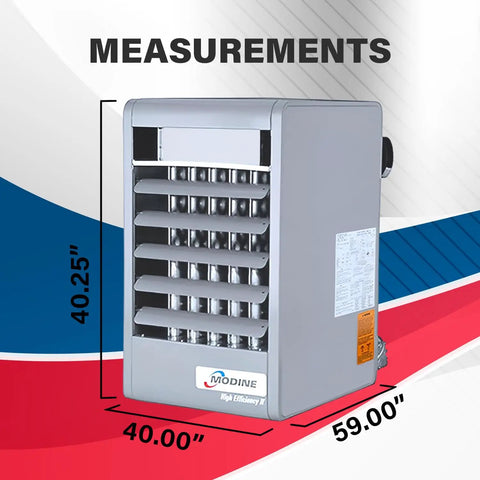 400K BTU Natural Gas Shop Heater With Built In Blower For Safe Indoor Commercial Use High Efficiency Stainless Steel Construction with dimensions.