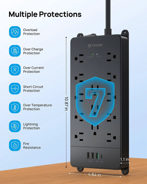 Front view of Beefed-Up Heavy Duty Surge Protector Power Strip With 5ft Cord, 13 Wide Spaced Outlets, on wooden surface.