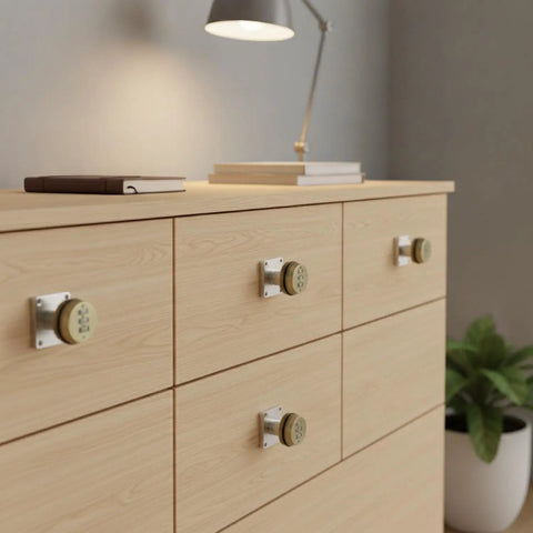 Keyless Mechanical Cam Lock For Drawers And Cabinets With A 3 Digit Combination Dial Gold Zinc Alloy Security installed on wooden drawers