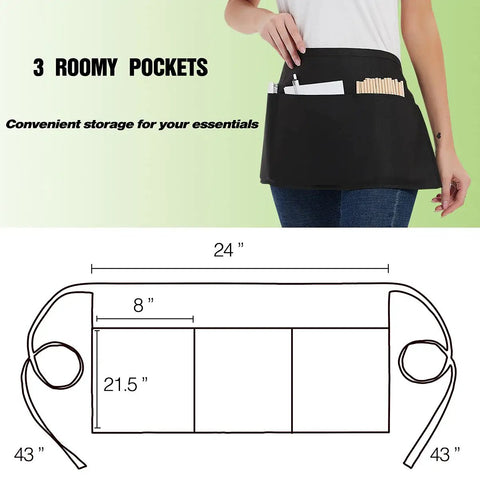 12 Pack Server Aprons With 3 Pockets For Waitstaff, Water Resistant Half Aprons shown with dimensions and pocket placement.