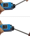 Two Pack ME 9101 Momentary Limit Switch with Flexible Coil Spring Rod, shown in hand, NC No Contacts 5A 250V AC, M5 Mounting Holes