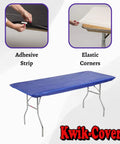 Elastic Fitted 8 Foot Rectangle Plastic Table Covers Set Of 10 30 By 96 Inches Royal Blue Lightweight Yet Durable Wind Resistant Party Table Liners With Self Adhesive Edges For Quick No Fuss Easy Setup displayed on table