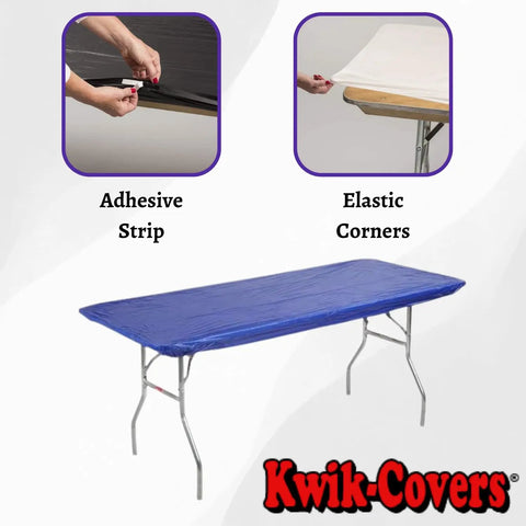 Elastic Fitted 8 Foot Rectangle Plastic Table Covers Set Of 10 30 By 96 Inches Royal Blue Lightweight Yet Durable Wind Resistant Party Table Liners With Self Adhesive Edges For Quick No Fuss Easy Setup displayed on table