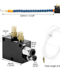Mist coolant spray system for CNC tools with blue flexible hose, black control block, brass fittings and clear tubing.