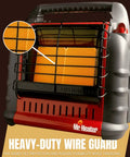 Close-up of the Portable Big Buddy Propane Heater Bundle With 10 Foot Hose And Brass Tank Adapter, showing front view and wire guard.