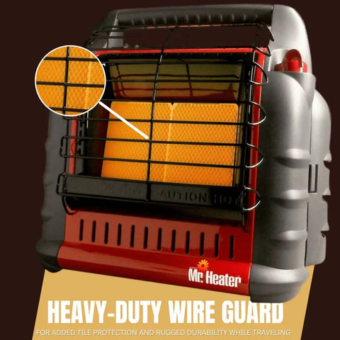 Close-up of the Portable Big Buddy Propane Heater Bundle With 10 Foot Hose And Brass Tank Adapter, showing front view and wire guard.