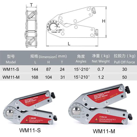 Heavy Duty Adjustable Angling Welding Magnet With Dual On Off Switches And 15 To 210 Degree Scale Lockable With Hex Wrench Neodymium Clamp Delivers 110 Lb Per Side Holding Power For Precise Fabrication WM11 M, showing product diagram and specifications.