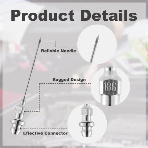 10 Piece Grease Injector Needle Kit For Most Grease Guns, 6cm Steel Nozzle Tips, close-up of needle and connector details