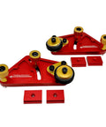 Adjustable Roller Featherboard For Table Saw Feeder with polyurethane grippy wheels and smooth guide rail in red and gold.
