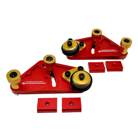 Badass Adjustable Roller Featherboard Rock Solid Aluminum Woodworking Feed Guide With Slick Polyurethane Wheels For Table Saw Router And Band Saw Operation, red and gold construction with rollers and adjustment knobs.