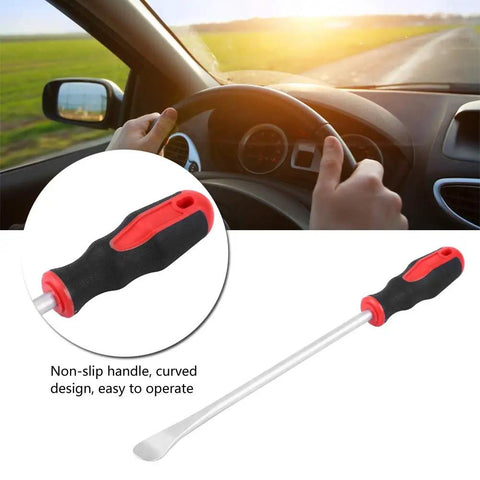 Beefy Heavy Duty Steel Tire Spoon Tool For Cars And Motorcycles, Chrome Vanadium Build With Non Slip Handle, shown in car interior