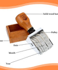 Top Shelf Adjustable Roller Date Stamp with solid wood handle, showcasing date, month, and year pulleys for easy crafting.