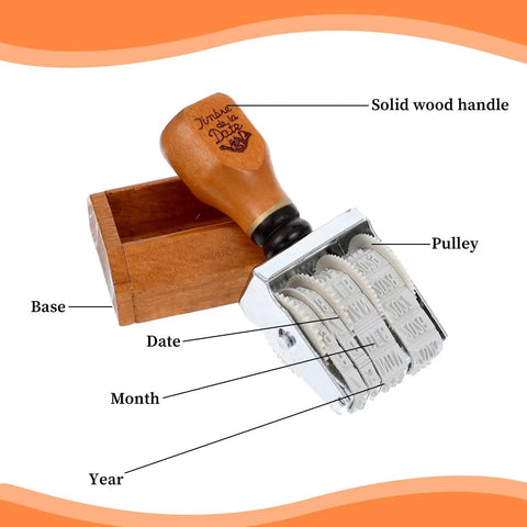Top Shelf Adjustable Roller Date Stamp with solid wood handle, showcasing date, month, and year pulleys for easy crafting.